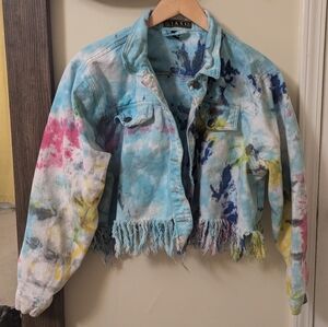 Taxi worn in tie dye cropped raw hem denim jacket
